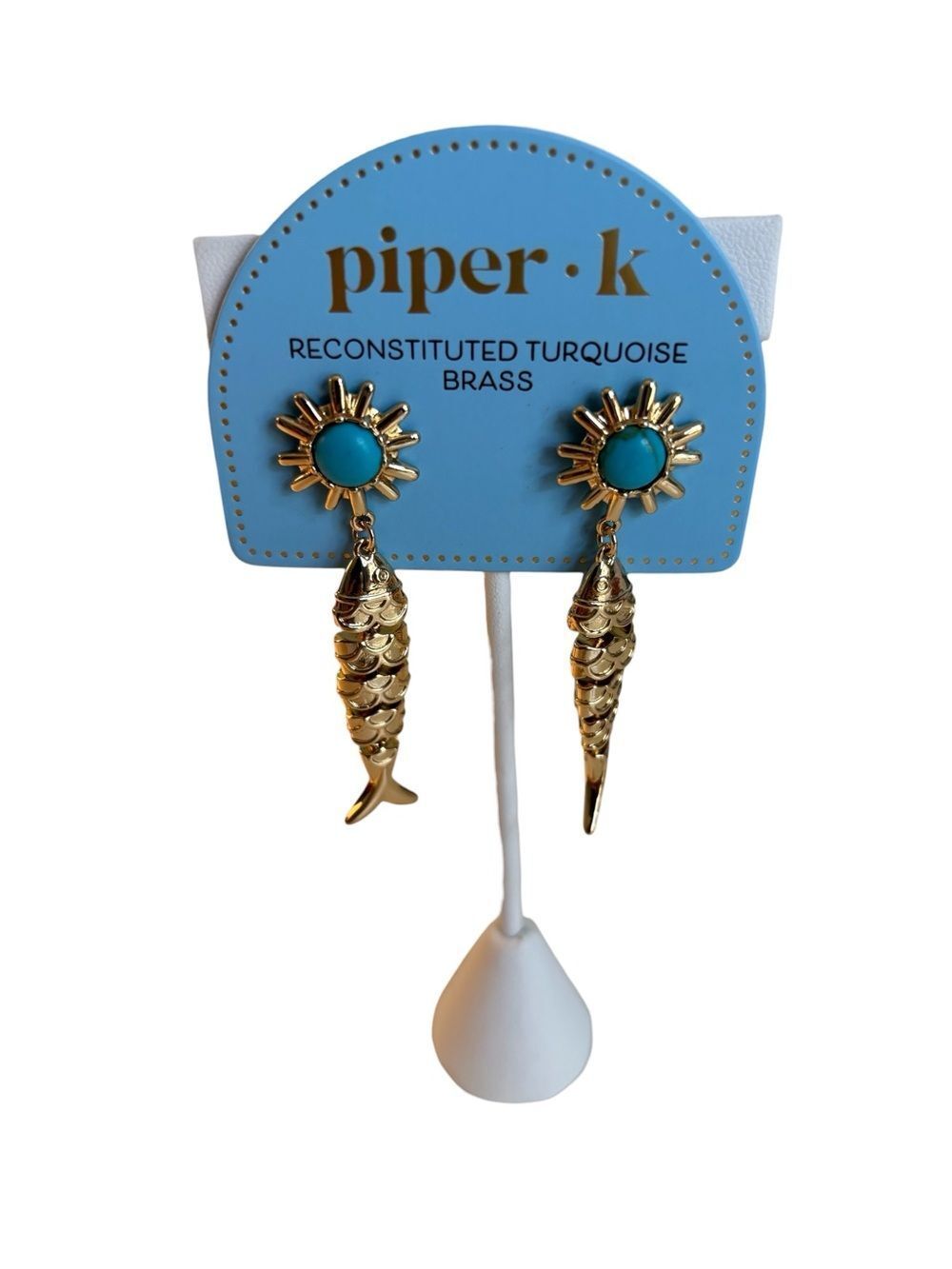 Sunburst Stud Fish Dangle Drop Earrings. Made from Reconstituted Turquoise.
